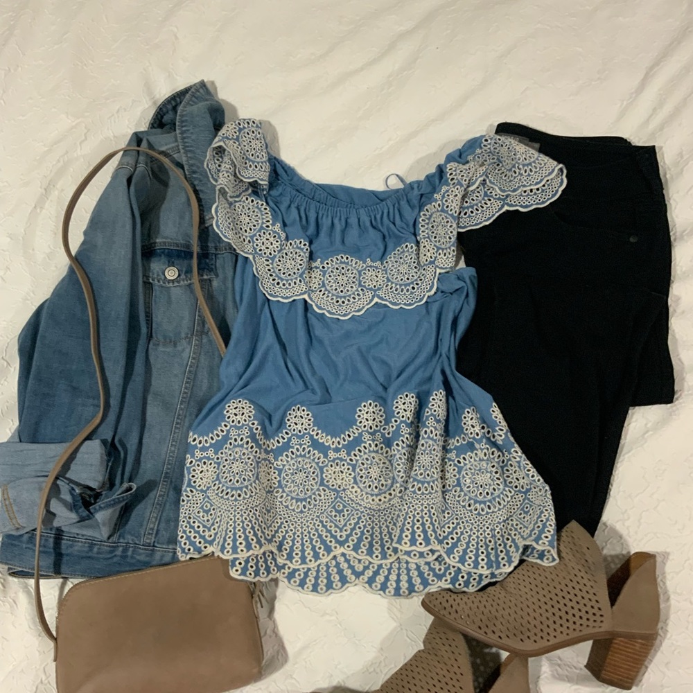 Shirt could be off the shoulder style as well